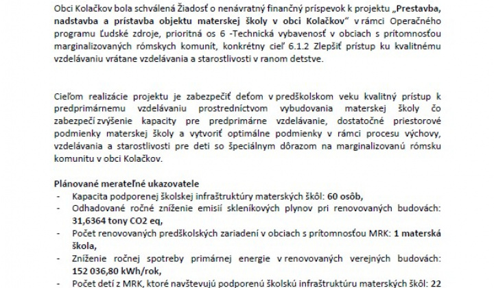 Projekty / Prestavba, nadstavba a prístavba objektu materskej školy v obci Kolačkov - foto