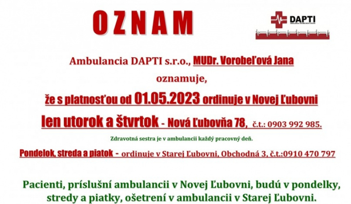Aktuality / OZNAM MUDr. Vorobeľovej - foto